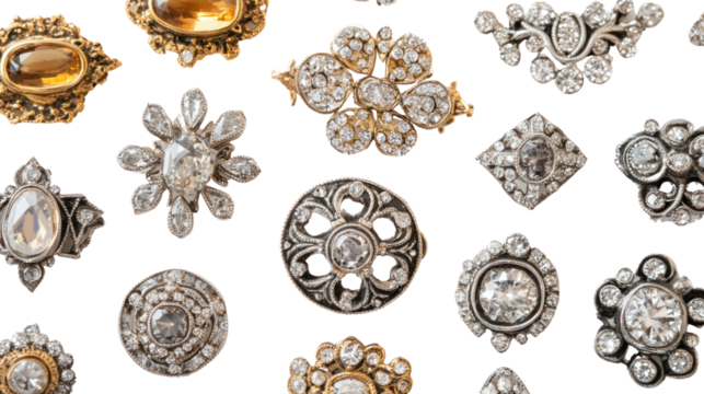 A collection of intricate vintage brooches featuring various gemstones, designs, and metals, beautifully arranged on a white background.