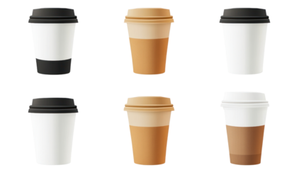 A collection of six disposable coffee cups in various colors, showcasing different designs and lids on a white isolate background.