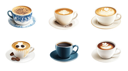A collection of various coffee cups showcasing different styles and latte art on a white isolate background.