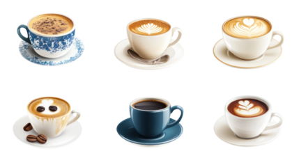 A collection of various coffee cups showcasing different styles and latte art on a white isolate background.