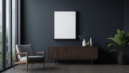 Modern Minimalist Living Room Interior Design with Dark Walls, Wooden Furniture, and a Blank Frame