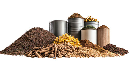 A collection of various organic materials, including grains and wood pellets, displayed in...