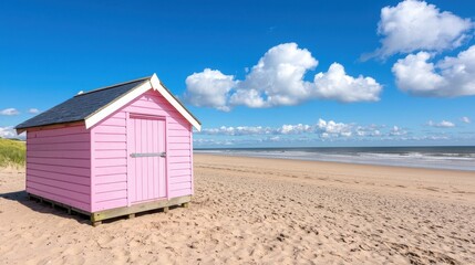 Pink Beach Hut on Sandy Shore Summer Seascape Sunny Day