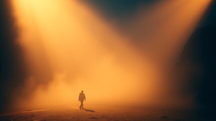 A solitary figure walks through a golden, misty landscape.