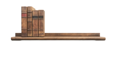 A collection of vintage books arranged on a wooden shelf, showcasing classic literature with detailed bindings against a white isolated background.