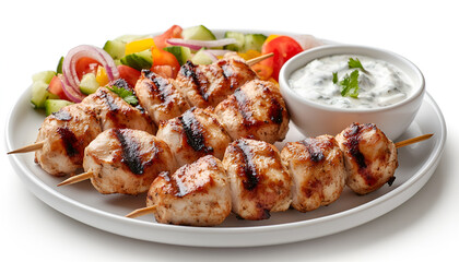 Grilled chicken skewers, yougurt sauce and vegetable salad. Roasted souvlaki, greek salad, tzatziki on white background, copy space