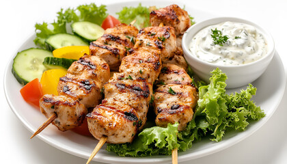 Grilled chicken skewers, yougurt sauce and vegetable salad. Roasted souvlaki, greek salad, tzatziki on white background, copy space