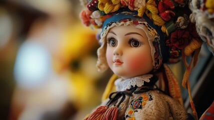A beautifully crafted doll wearing a vibrant traditional folk costume, complete with intricate embroidery and a delicately patterned headscarf.