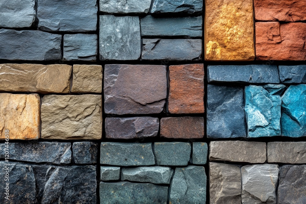 Poster textured stone wall featuring a variety of colors and shapes arranged in an artistic pattern