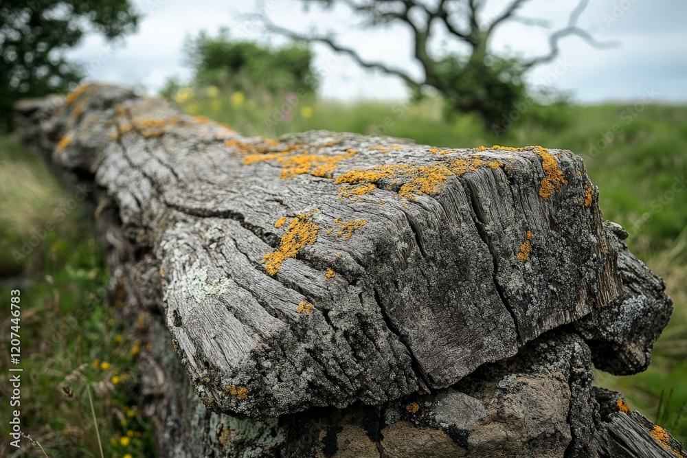 Poster weathered wooden log with lichen sits in a lush green meadow under a cloudy sky