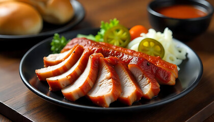 Sliced roasted pork belly with crispy skin, served with steamed buns, pickled vegetables, and dipping sauce on a black plate created with generative ai