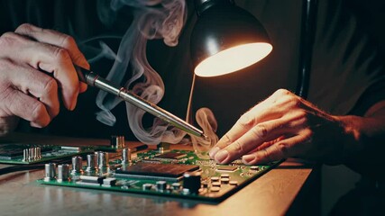 Skilled technician soldering electronic component, creating smoke under desk lamp, highlighting intricate precision of professional electronics repair process. concept of soldering microcircuits