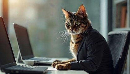 Funny Cat in Suit Working on Laptops