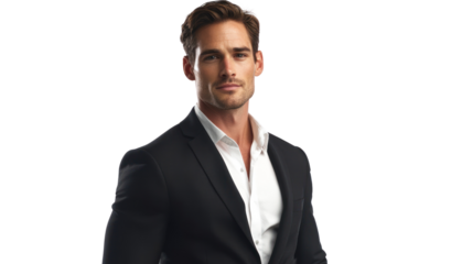 A confident business professional in a tailored suit, exuding charisma and approachability against a white isolated background.