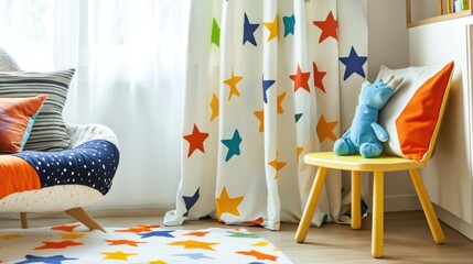 Colorful curtains for kids' rooms featuring playful prints like stars or animals, adding a cheerful and whimsical vibe to the space
