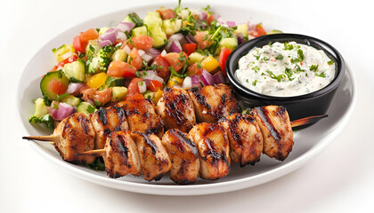 Fototapeta premium Grilled chicken skewers, yougurt sauce and vegetable salad. Roasted souvlaki, greek salad, tzatziki on white background, copy space