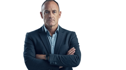 A confident man in a blazer poses with arms crossed, exuding authority against a white isolated background.