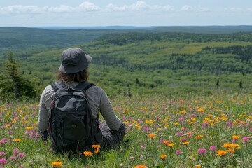 Person enjoys tranquility on a hillside surrounded by colorful wildflowers in a lush green landscape