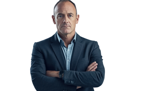 A confident man in a blazer poses with arms crossed, exuding authority against a white isolated background.