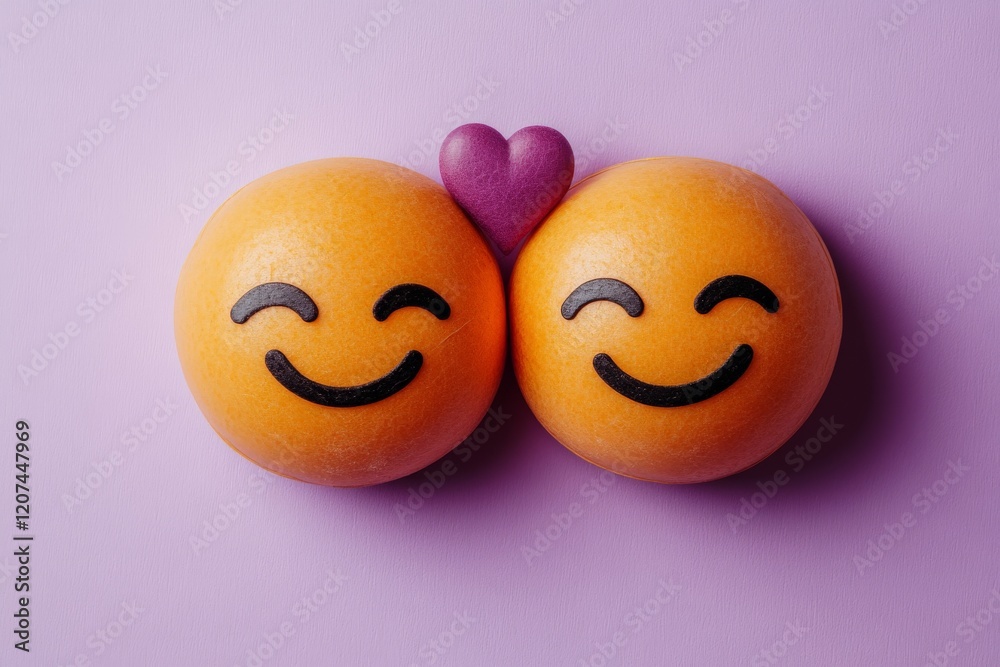 Poster bright and cheerful emoji faces with a heart on a soft purple background creating a playful ambiance
