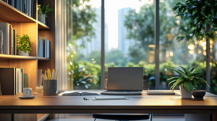 Closed workspace or office. An employee's desk with a note or message 