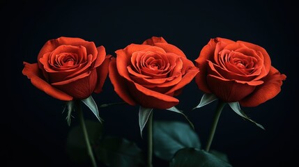 Fototapeta premium Three Red Roses on Black Background: A Symbol of Love and Passion