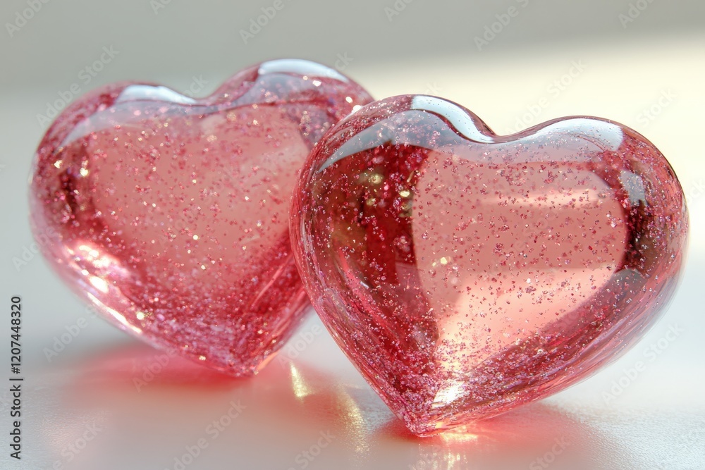 Aufkleber Sparkling pink heart shaped decorations resting on a smooth surface reflecting soft light in a bright setting