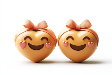 Fototapeta premium Smiling heart-shaped figures with cute expressions and bows on a neutral background