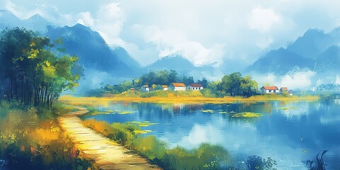 Fototapeta premium oil painting illustration, Asian rural countryside with river and small town surround with green forest and mountains