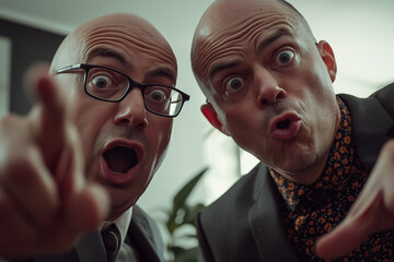 Two surprised business managers pointing to the camera