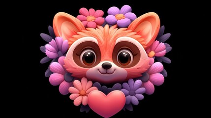 Fototapeta premium Adorable Raccoon Illustration with Flowers and Heart Cute Cartoon Animal Design Perfect for
