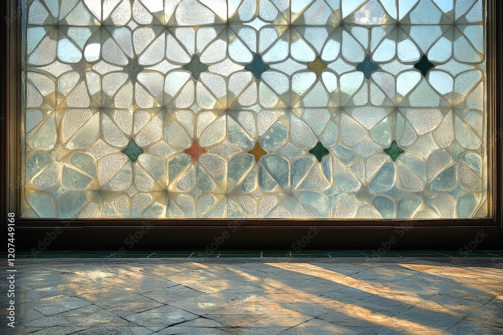 Poster Beautiful stained glass window casting colorful patterns on the floor in a historic building