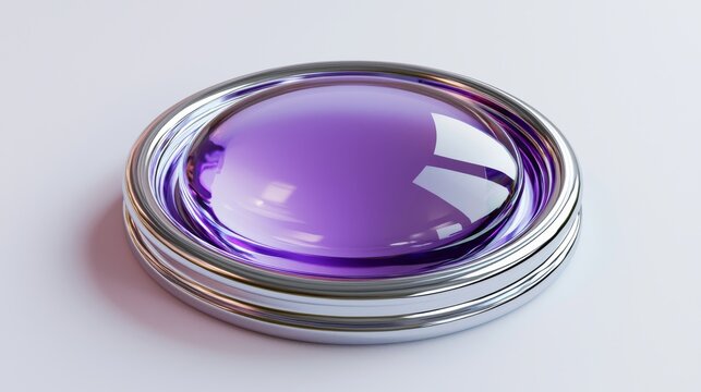 A sleek, round purple button with a glossy finish and chrome trim, set against a pristine white backdrop.
