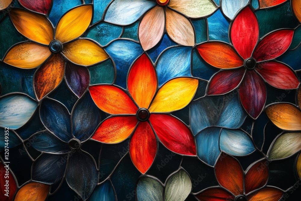 Poster vibrant stained glass artwork featuring colorful flowers in intricate patterns and textures