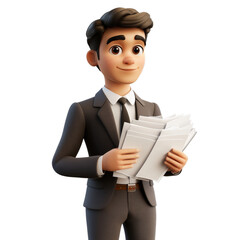 A cheerful cartoon businessman in a suit holds a stack of important documents, conveying a sense of professionalism and success.