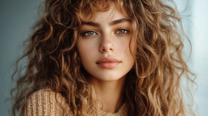 Fototapeta premium Curly hair with highlights in warm caramel tones, adding dimension and brightness to naturally voluminous curls
