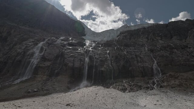 A breathtaking glacier meltwater cascade on Mount Edith Cavell, Canadian Rockies