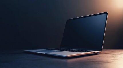 Dark room laptop screen mockup, desk, spotlight