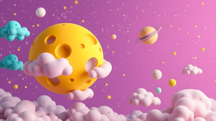Fototapeta premium Cartoon yellow moon with craters floats in purple turquoise pink white clouds on lilac starry sky. Magic night backdrop with multicolor objects flying bubbles stars planets. Generative AI