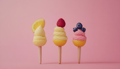Three various fruit and berries ice creams on pink background, copy space. Frozen yogurt or ice cream with lemon, mango, blueberries - healthy summer dessert