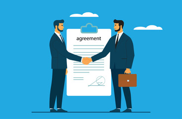 A handshake seals the deal! This image depicts two businessmen celebrating a successful contract signing.  Business partnership, agreement, and success concept.