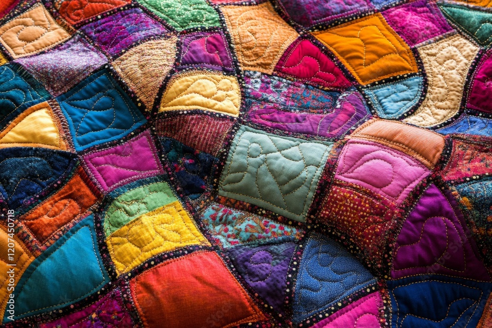 Poster colorful quilt showcasing intricate patchwork design with various textiles and stitching techniques