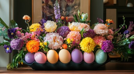 A vibrant Easter egg display, surrounded by fresh spring flowers, creates a cheerful centerpiece that brings the joy of the season into your home.