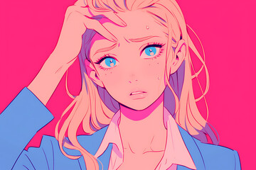 A worried young woman with blonde hair in a blue blazer, expressing concern against a vibrant pink backdrop