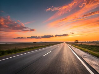 Naklejka premium Empty Road Under Sunset: A Journey in Motion, Long Road at Sunset with Speeding Motion
