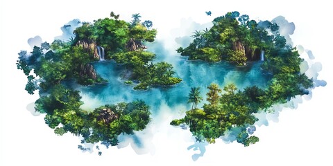 Lush tropical island paradise with waterfalls and turquoise waters. Perfect for travel, tourism, or environmental themes.