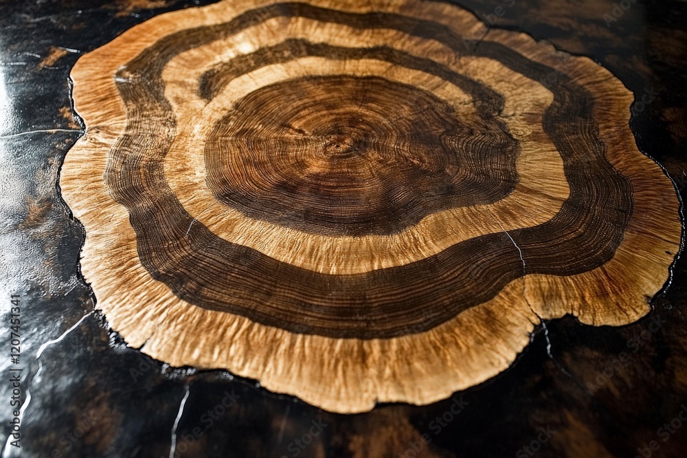 Poster Beautiful cross-section of a wooden tree stump with intricate patterns showcasing natural textures and colors
