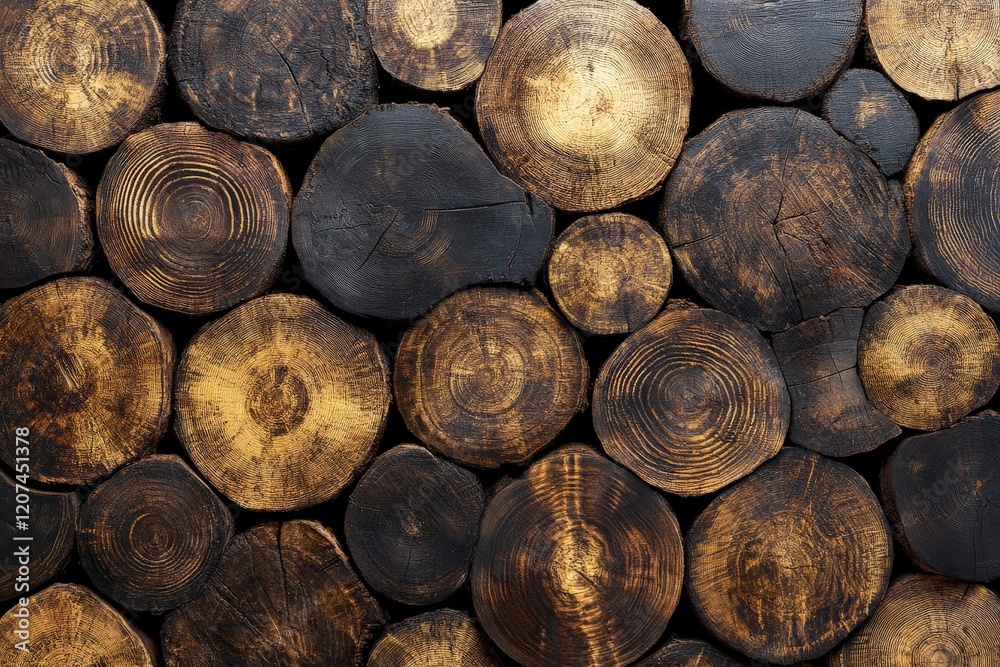 Poster Wooden logs stacked neatly in a rustic pattern showcasing natural textures and colors in varying shades