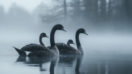 A graceful swan leads its four fluffy cygnets across a calm, mist-covered lake, creating a serene and picturesque scene.