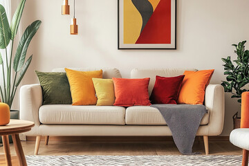 A cozy living room with a beige sofa adorned with colorful pillows and throws, complemented by...